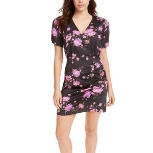 Leyden NEW Black Purple Floral Surplice Ruched Mini Dress